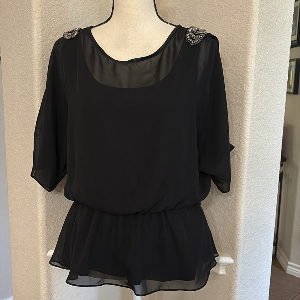 Onyx black sheer short sleeve embellished blouse top size MP
